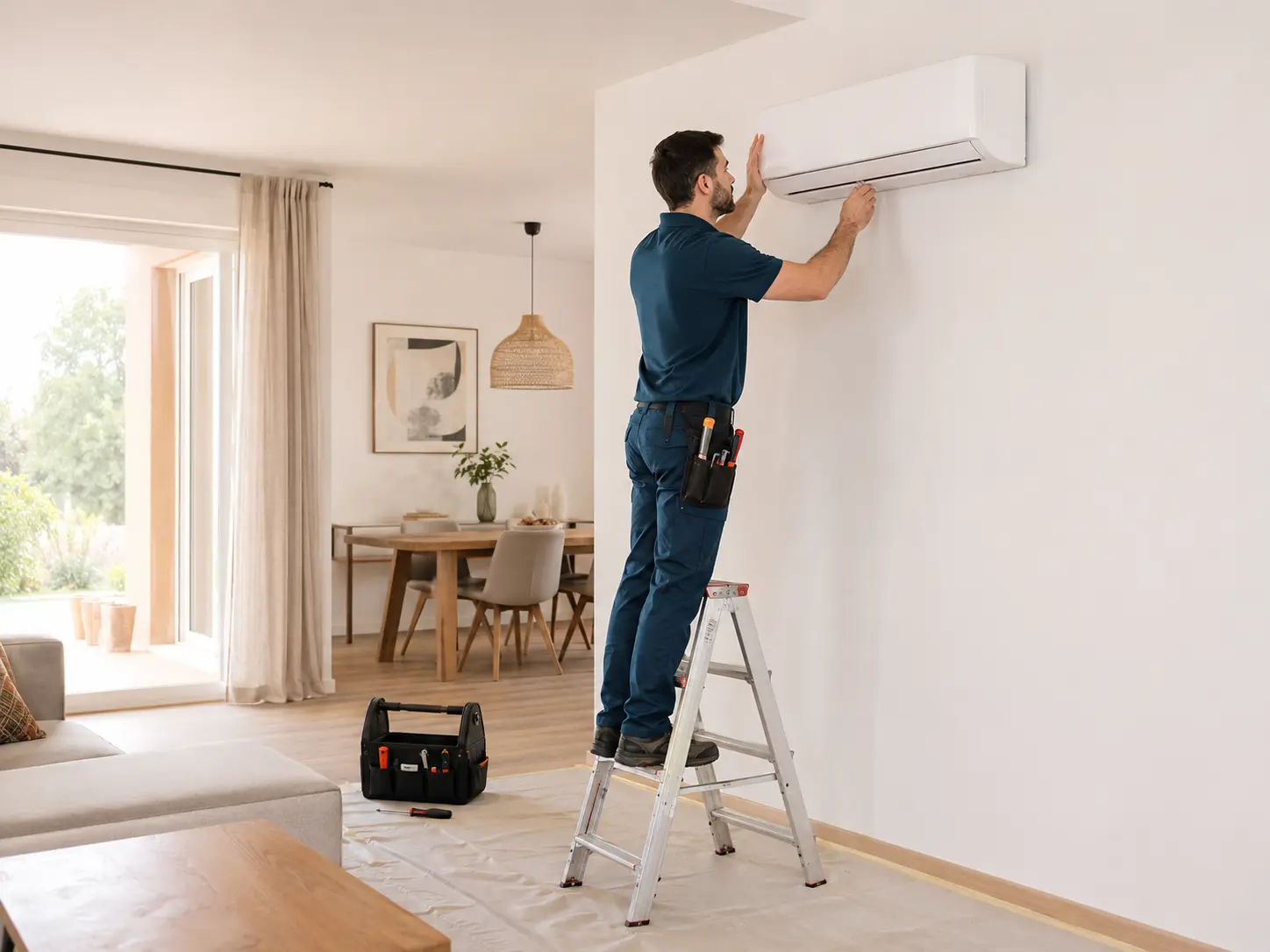 Técnico instalando cuidadosamente un equipo de climatización en una vivienda